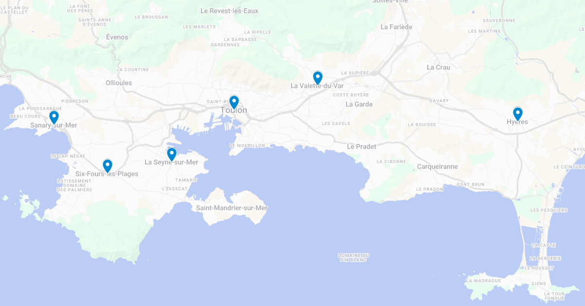Carte des zones d'intervention dans le Var : Toulon, La Seyne-sur-Mer, Hyères, Sanary-sur-Mer, etc.
